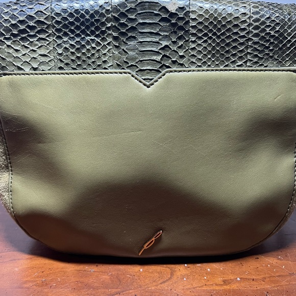 Brian Atwood Snakeskin Saddle crossbody Purse made w/ goat&lamb Green 10”x8” - Picture 11 of 16